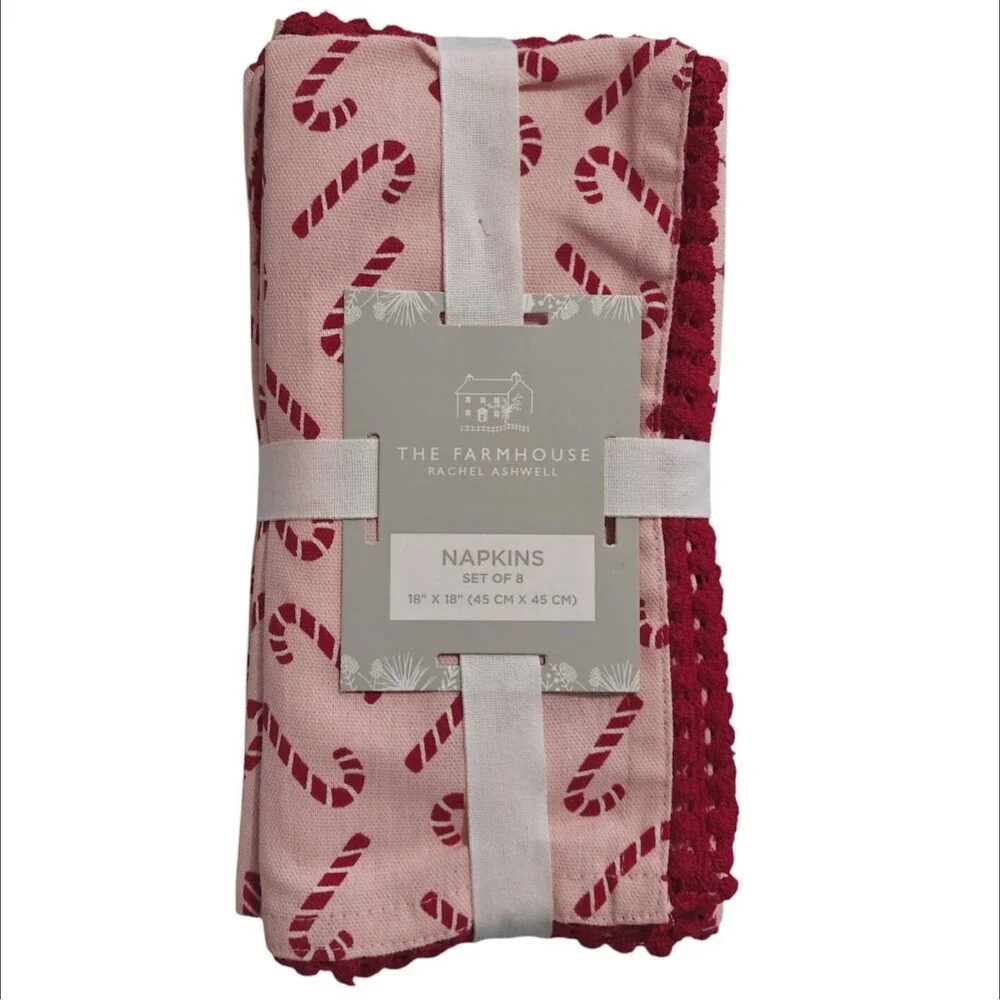 NEW Rachel Ashwell Farmhouse Christmas Candy Cane 8 Cloth Dinner Napkins Pink